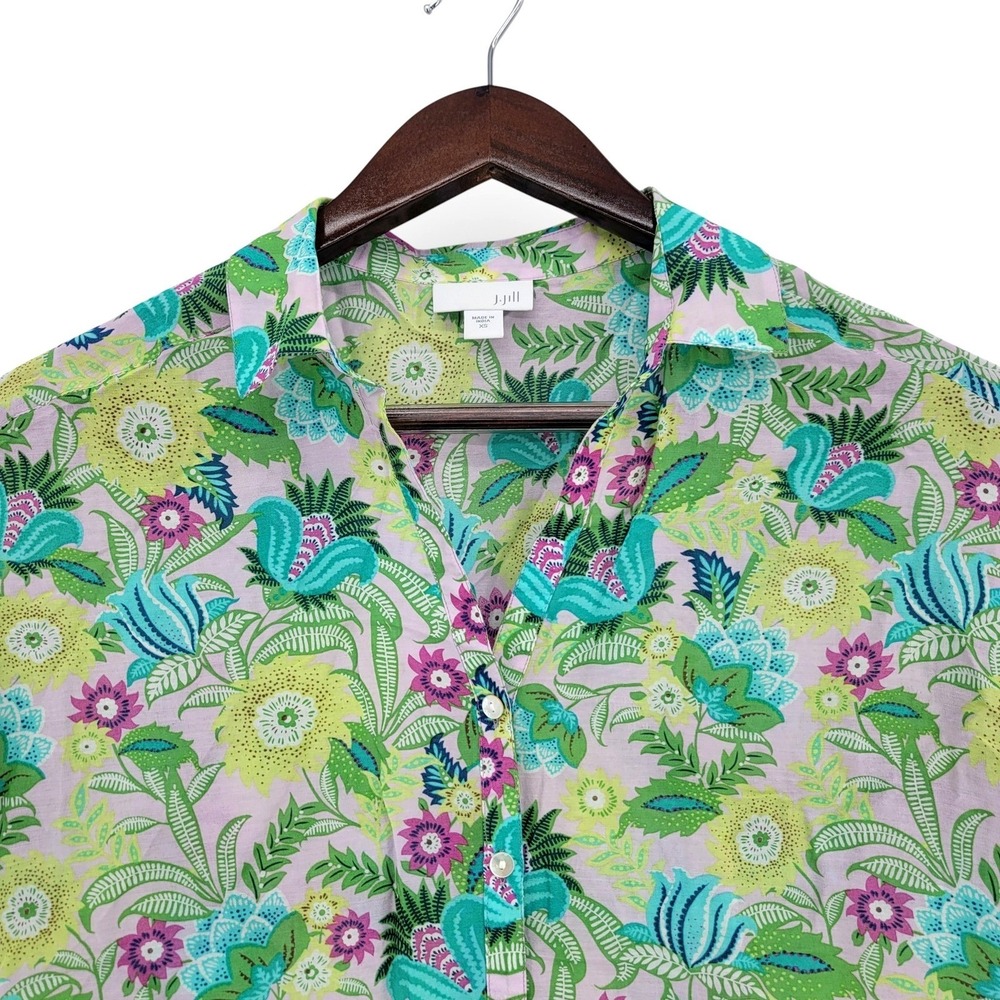 J Jill Womens XS Floral Button Front Blouse Cotton Silk‎ Green Purple - Picture 2 of 6